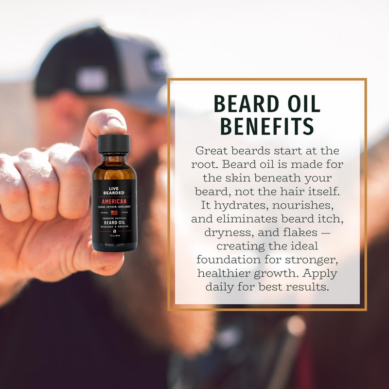 Live Bearded Beard Oil, 1 fl oz - Premium All-Natural Jojoba - Made in the USA - Hair and Skin Care for Men with Dry, Flaky Patches | American Scent - Cedar, Vetiver, Bergamot - Image 3